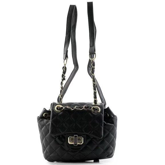 Badgley Mischka ✦ Quilted Vegan Leather Backpack ✦ Black Chain Strap Turn-Lock - Picture 3 of 8